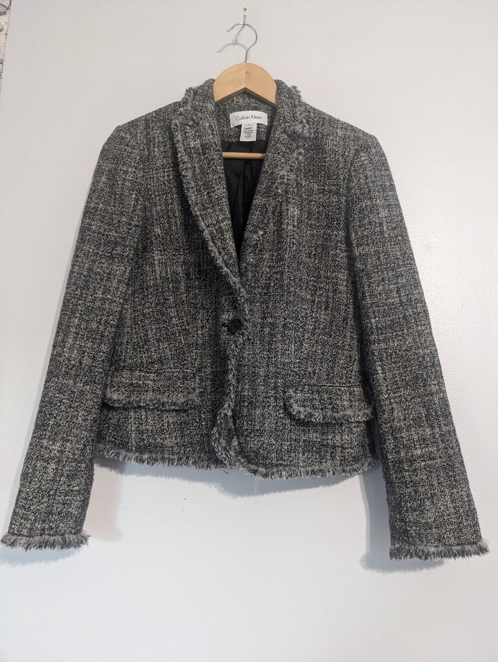Calvin Klein Blazer Women's Size 10 Gray Black Long Sleeve Wool Blend Lined Corp